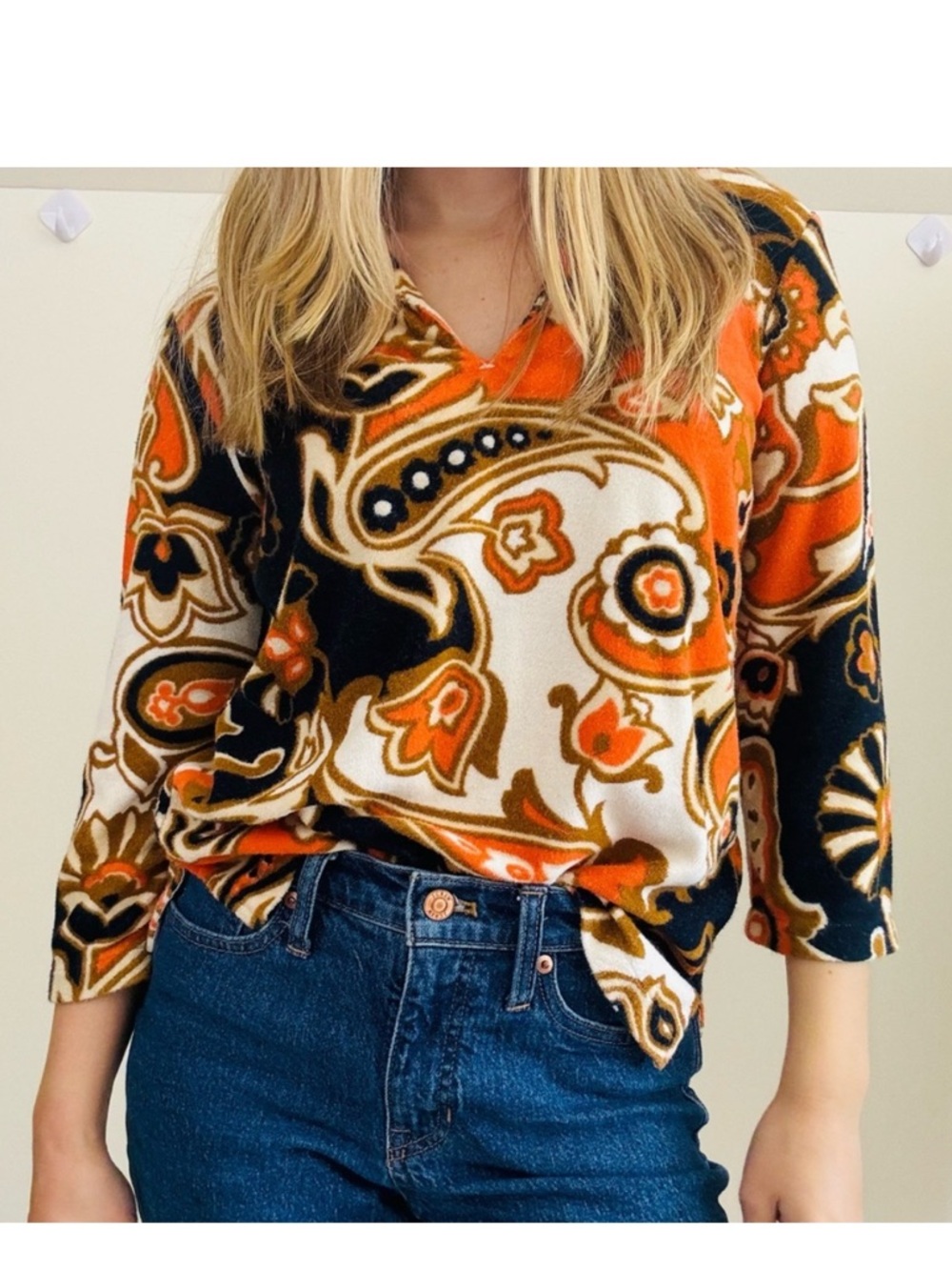 J. Crew Terrycloth Paisley Retro 3/4 Sleeve Top Medium